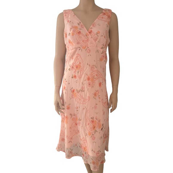Sheer Floral Paisley V Neck Midi Dress Women's Size M Peach Coral - Picture 1 of 6